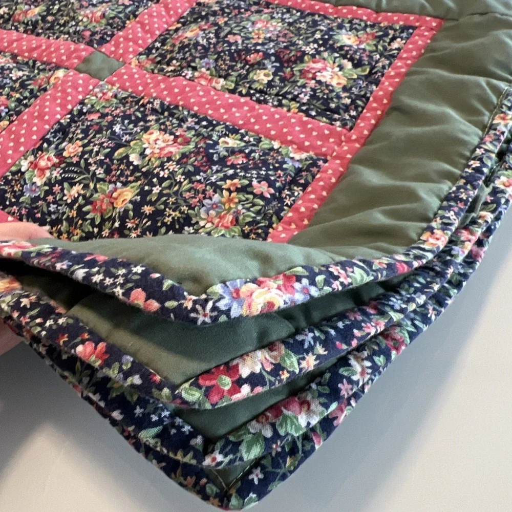 Handmade Quilted Placemats Four  Olive Green Cottage Core Core Hearts Floral